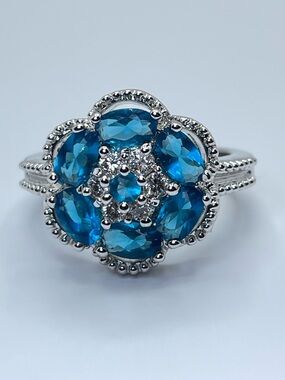 Blue Topaz Color Swarovski Crystal Elements Flower Halo Ring Silver Sz 7